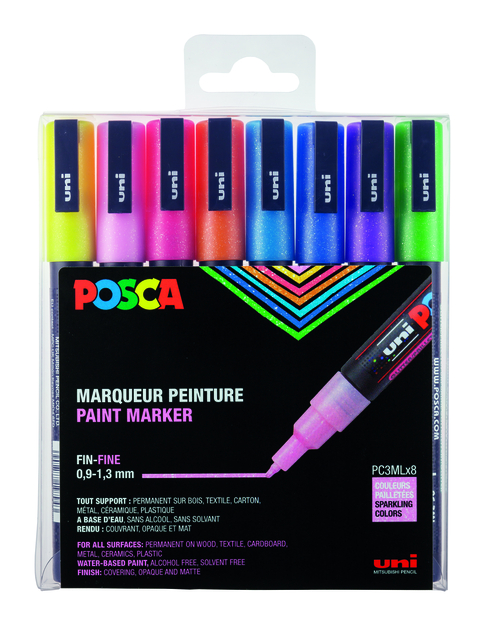 Verfstift Posca PC3M fijn glitter pastel assorti set a 8 stuks afbeelding