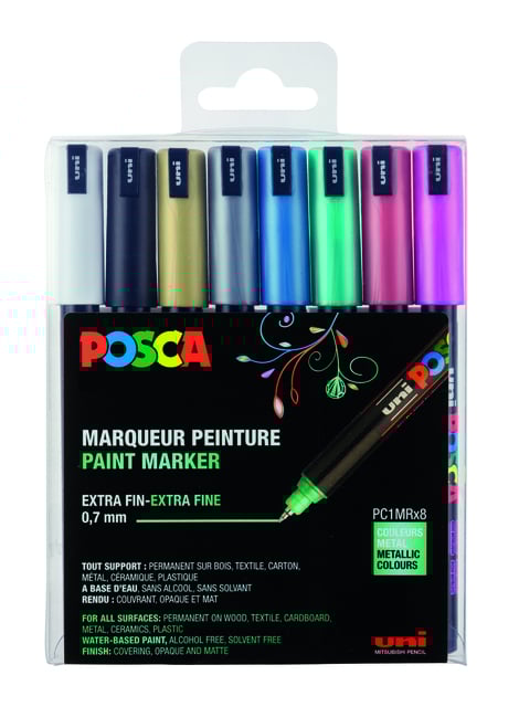 Paintmarker Uni POSCA PC1MR extra fijn metallic assorti set à 8 stuks afbeelding
