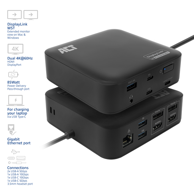 ACT Usb C Dual 4K Monitor DisplayLink Docking Station — Foto 3 van 3