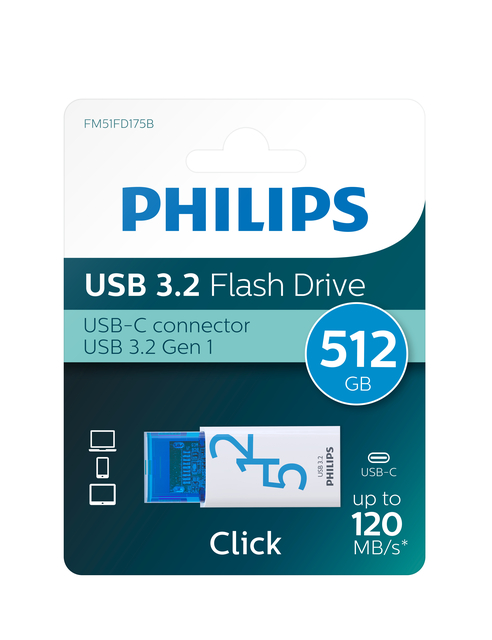 USB stick 3.2 Philips Click USB-C 512GB blauw afbeelding 1