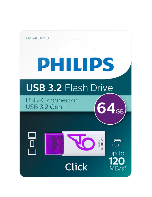USB stick 3.2 Philips Click USB-C 64GB paars afbeelding 1