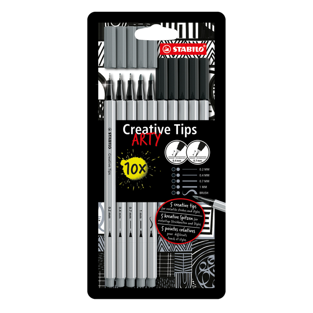Creative Tips STABILO Arty assorti tips zwart en grijs blister à 10 stuks afbeelding
