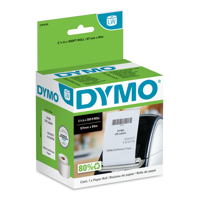 Papierrol Dymo LabelWriter doorlopend 57mmx91m 1 rol wit afbeelding