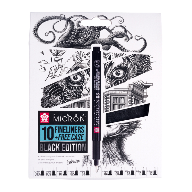 Fineliner Sakura Pigma Micron Black Edition set à 10 breedtes + gratis etui afbeelding