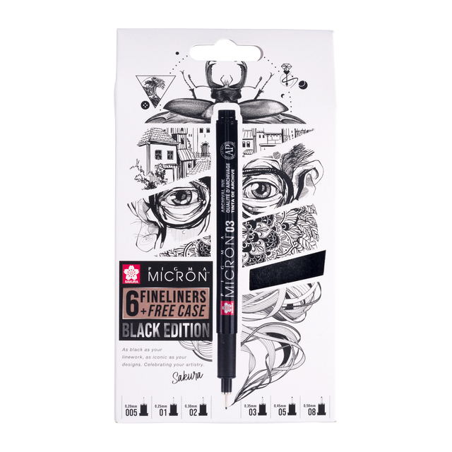 Fineliner Sakura Pigma Micron Black Edition set à 6 breedtes + gratis etui afbeelding