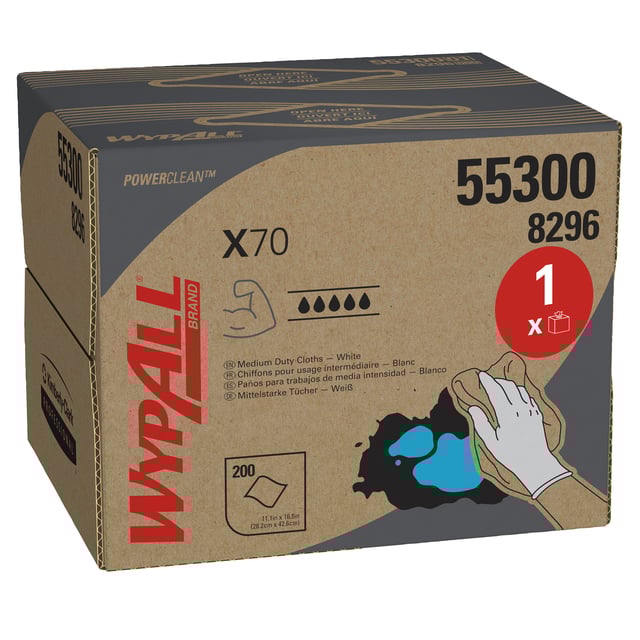 Poetsdoek WypAll X70 PowerClean 426x282mm 200vel dispenserdoos wit 8296 afbeelding