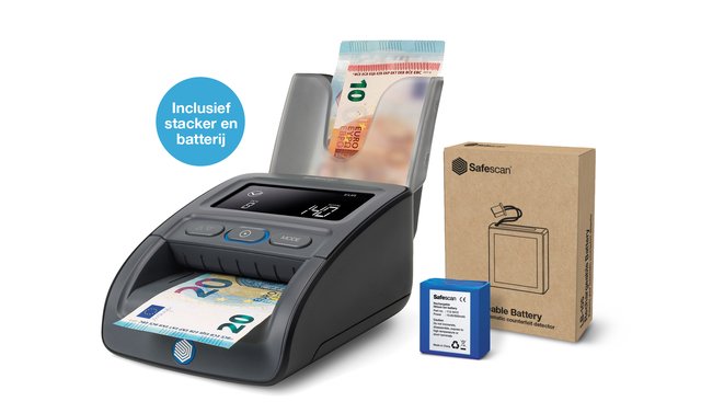 Valsgeld detector Safescan 155-S G2 complete set met oplaadbare batterij en biljetten stacker afbeelding
