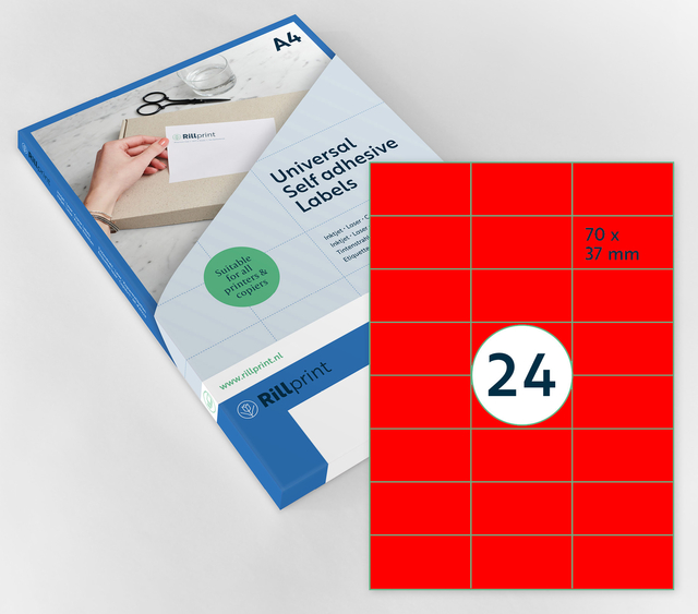 Etiket Rillprint 70x37mm fluorrood 2400 etiketten afbeelding