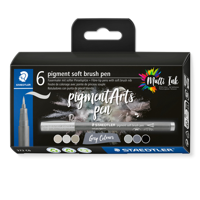 Brushpen Staedtler pigment pen etui à 6 grijze kleuren afbeelding