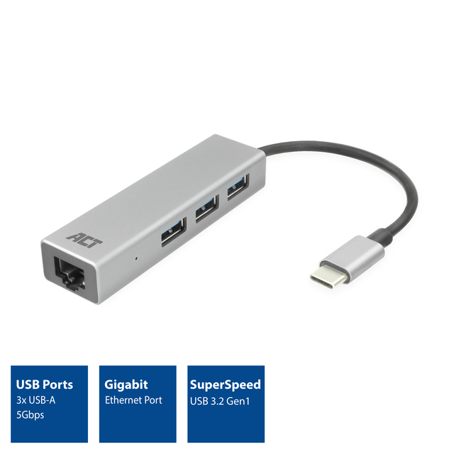 Hub ACT USB-C 3.0 3x USB-A Gigabit ethernet — Foto 3 van 3
