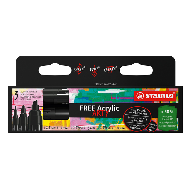 Acrylmarker STABILO Free Acrylic Mixed Tip set à 3 breedtes zwart afbeelding