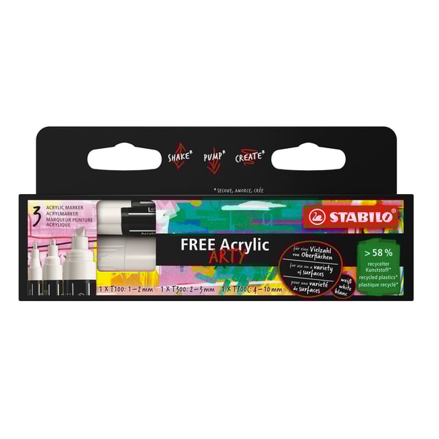Acrylmarker STABILO Free Acrylic Mixed Tip set à 3 breedtes wit afbeelding