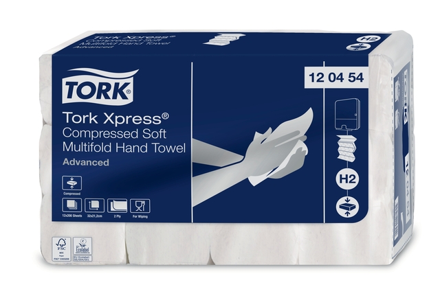 Handdoek Tork H2 Xpress compressed Advanced multifold 2-laags 212x320mm 12x200 vel wit 120454 afbeelding