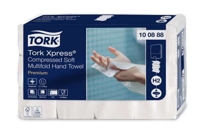 Handdoek Tork H2 Xpress compressed Premium multifold 2-laags 212x320mm 12x170 vel wit 100888 afbeelding