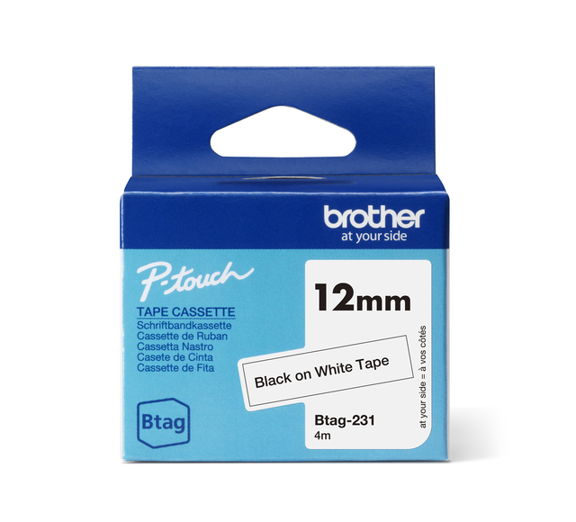 Labeltape Brother P-touch Btag-231 standaard 12mm zwart op wit afbeelding