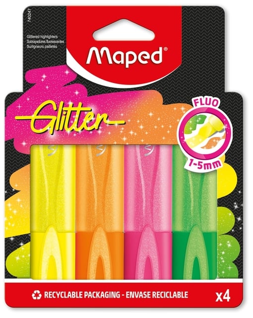 Markeerstift Maped Glitter set à 4 fluoriserende kleuren afbeelding