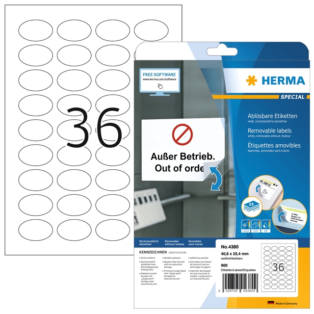 Etiket HERMA 4380 ovaal 40.6x25.4mm wit 900 stuks