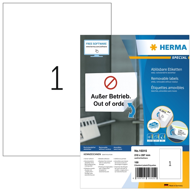 Etiket HERMA 10315 210x297mm verwijderbaar wit 100 stuks afbeelding