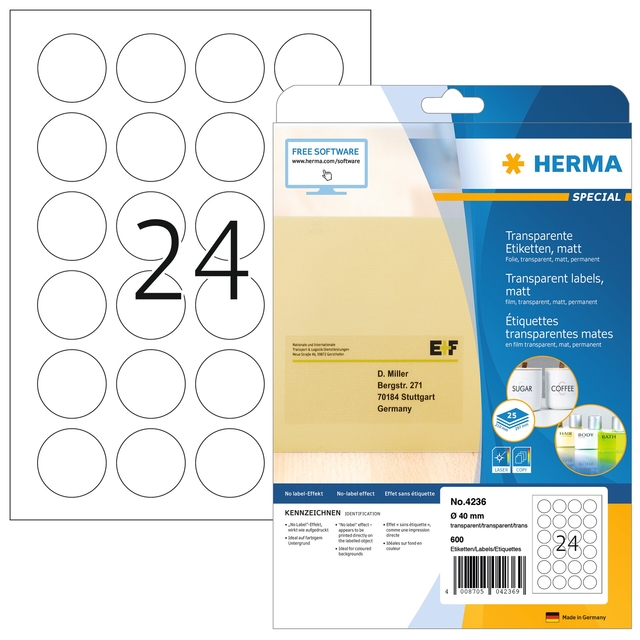 Etiket HERMA 4236 rond 40mm transparant 600 stuks