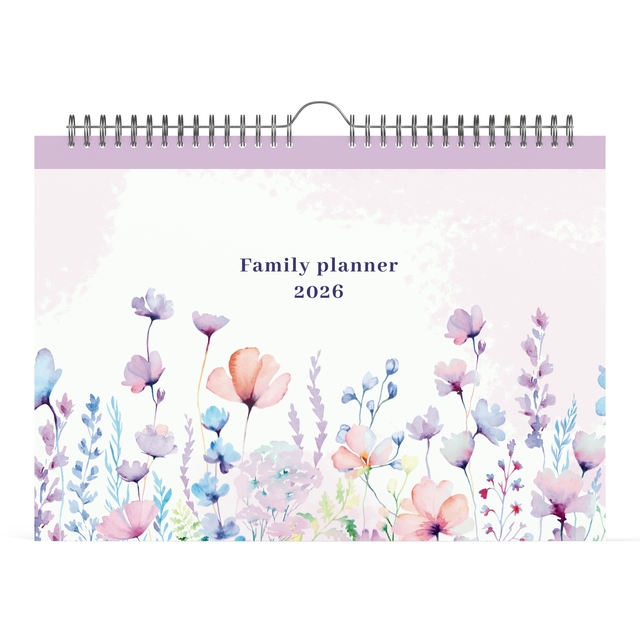Familiekalender 2026 Lannoo 310x220 Flowers watercolour 7dag/1pag lila afbeelding