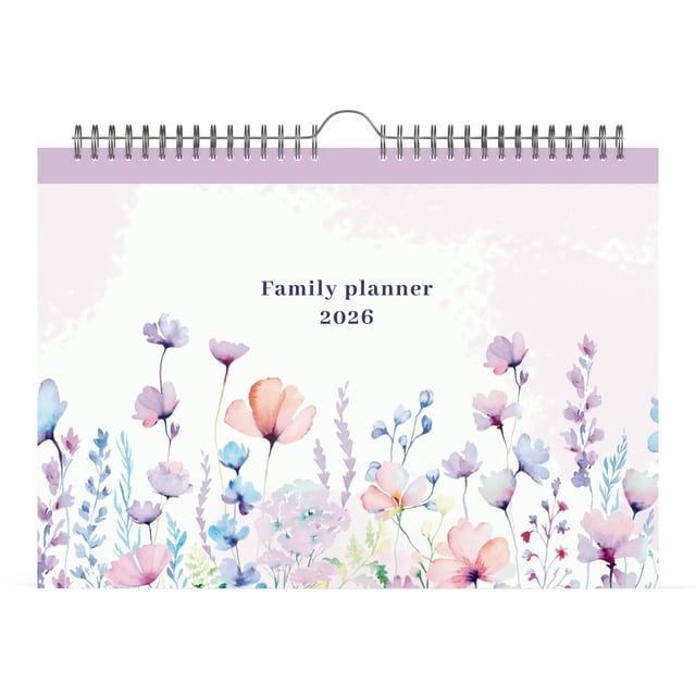 Familiekalender 2026 Lannoo 310x220 Flowers watercolour 7dag/1pag lila afbeelding