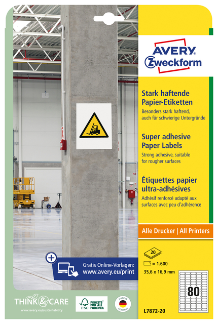 Etiket Avery Zweckform L7872-20 35.6x16.9mm 1600 etiketten afbeelding