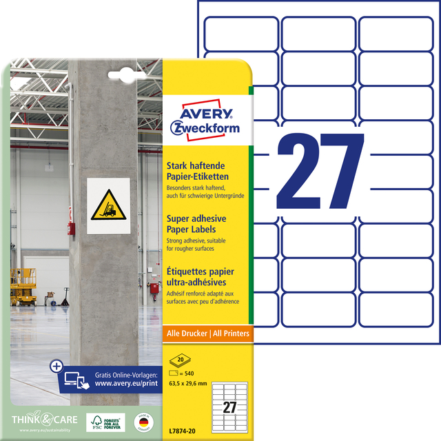 Etiket Avery L7874-20 63.5x29.6mm 540 stuks — Foto 2 van 2