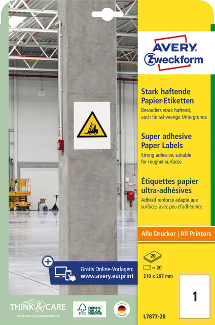 Etiket Avery Zweckform L7877-20 210x297mm 20 etiketten afbeelding