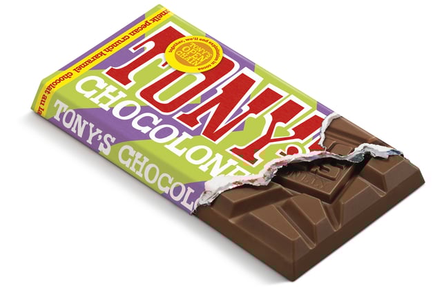 Chocolade Tony&apos;s Chocolonely melk karamel pecan crunch reep 90 gram afbeelding