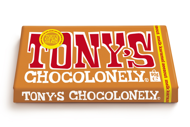 Chocolade Tony's Chocolonely melk karamel zeezout reep 90 gram afbeelding