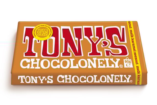 Chocolade Tony&apos;s Chocolonely melk karamel zeezout reep 90 gram afbeelding