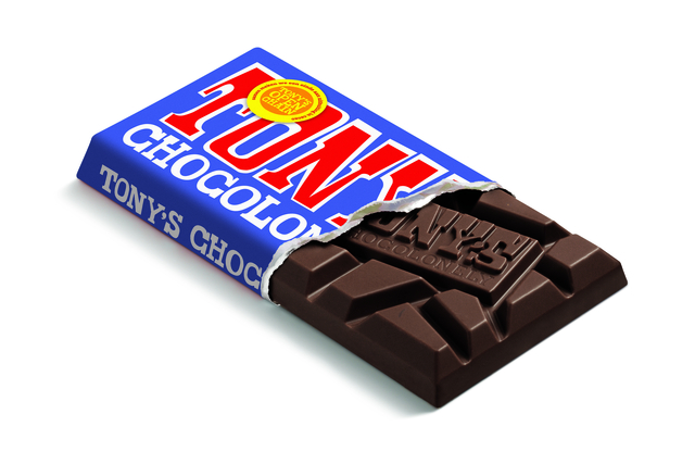 Chocolade Tony's Chocolonely donkere melk pretzel toffee reep 90 gram afbeelding