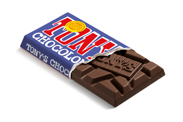 Chocolade Tony&apos;s Chocolonely donkere melk pretzel toffee reep 90 gram afbeelding