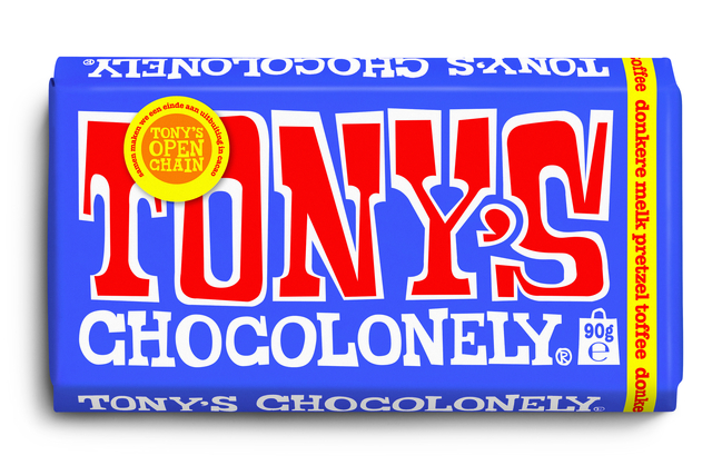 Chocolade Tony's Chocolonely donkere melk pretzel toffee reep 90 gram — Foto 2 van 2