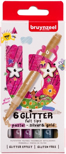 Viltstift Bruynzeel Kids assorti pastel glitter en zilver goud 6 stuks