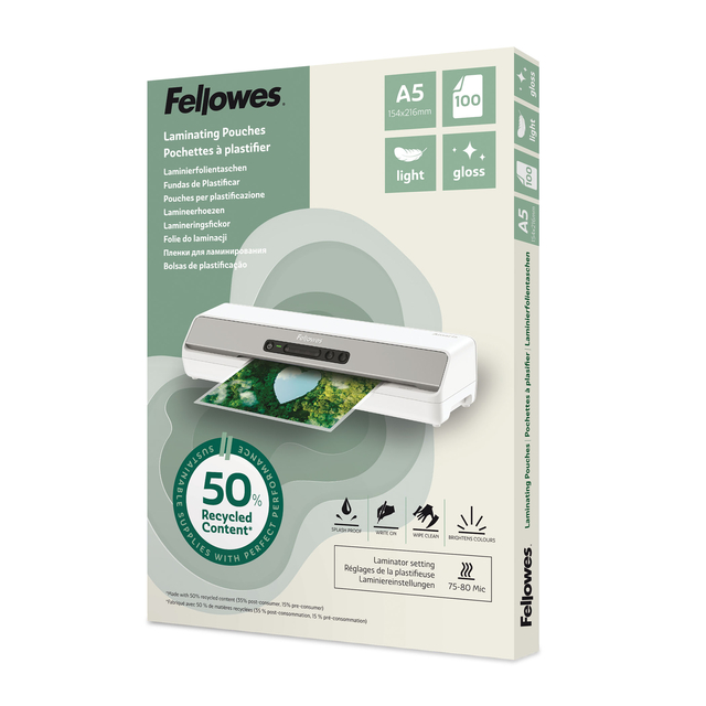 Lamineerhoes Fellowes A5 light 50% gerecycled glans 100stuks