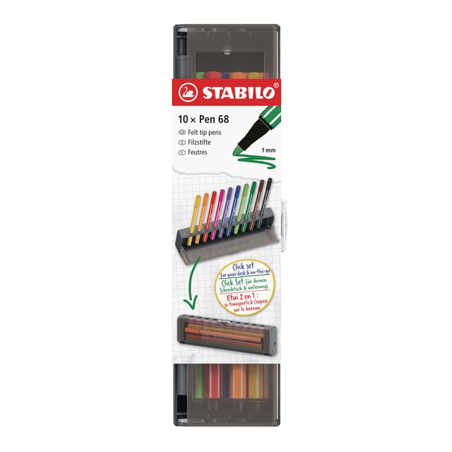 Viltstift STABILO Pen 68 medium clickset à 10 kleuren