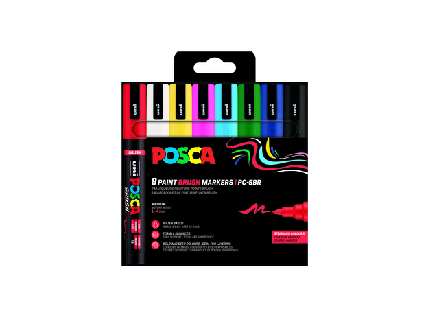 Paintmarker Uni POSCA PC-5BR brushpunt medium set à 8 kleuren
