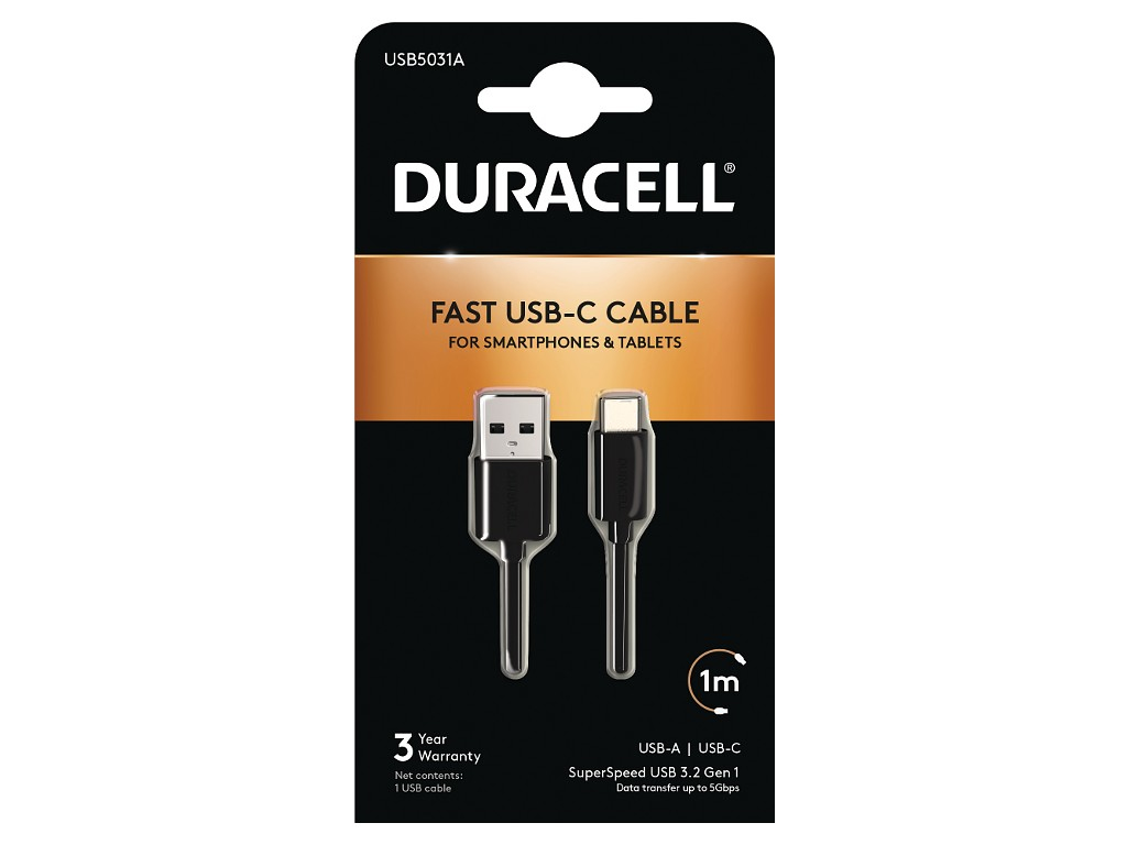 Duracell USB5031A USB-kabel 3.2 Gen 1 (3.1 Gen 1) 1 m USB A USB C Zwart afbeelding