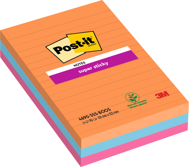 Memoblok Post-it 4690 Super Sticky 101x152mm lijn Bangkok 3 stuks afbeelding