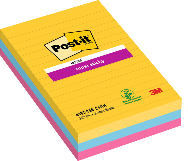 Memoblok Post-it 4690 Super Sticky 101x152mm lijn Carnival 3 stuks afbeelding