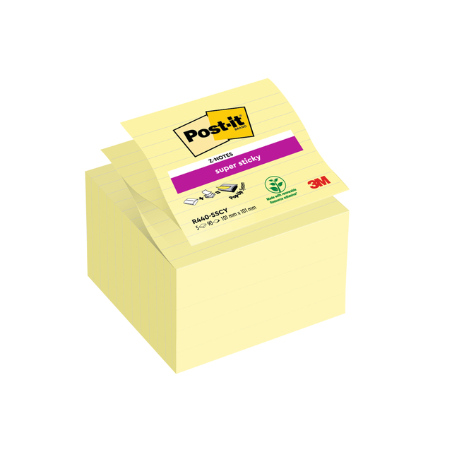 Memoblok Post-it Z-Notes S440 Super Sticky 100x100mm geel 5 stuks afbeelding