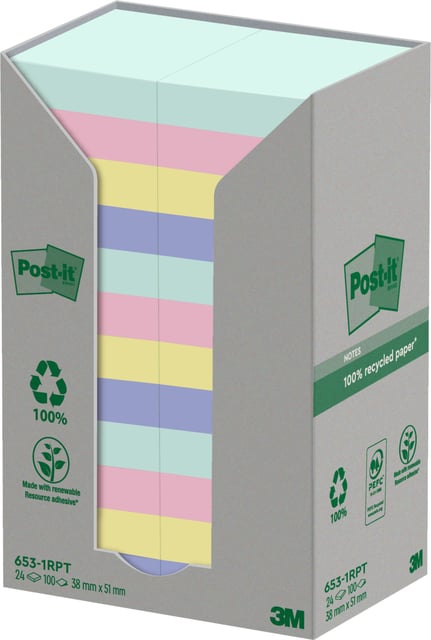 Memoblok Post-it 653-1RPT 38x51mm rainbow pastel 24 stuks afbeelding