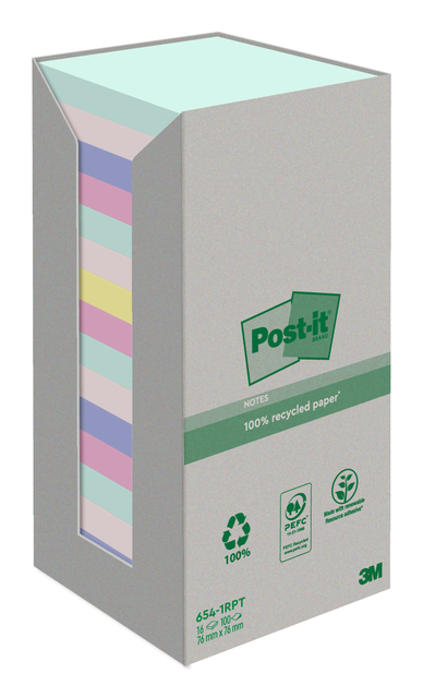 Memoblok Post-it 654-RTP 76x76mm recycled rainbow pastel 16 stuks afbeelding
