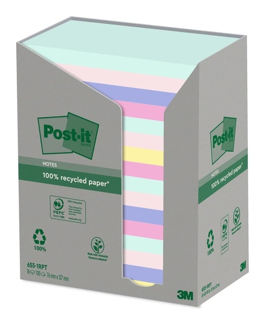 Memoblok Post-it 655-RPT 76x127mm recycled rainbow pastel 16 stuks afbeelding