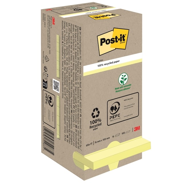 Memoblok Post-it 654 76x76mm recycled pastel geel 16 stuks afbeelding