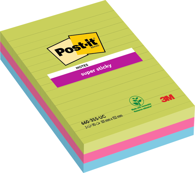 Memoblok Post-it 660 Super Sticky 102x152mm lijn rainbow 3 stuks afbeelding