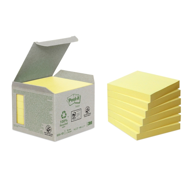 Memoblok 3M Post-it 654 76x76mm recycled geel afbeelding