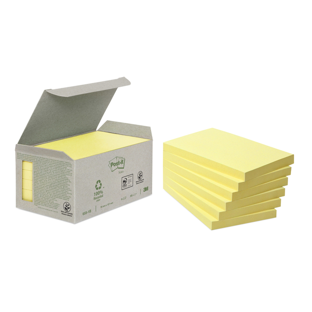 Memoblok Post-it 655-1B recycled 76x127mm canary yellow 6 stuks afbeelding