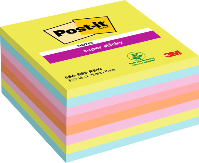 Memoblok Post-it 654 Super Sticky 76x76mm rainbow 8 stuks afbeelding